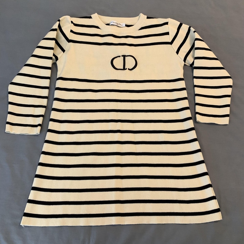 Christian Dior Sweater Dress Womens Small White Striped Knit CD Logo Nautical‎